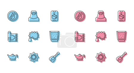 Téléchargez les illustrations : Set line Oil lamp Octagonal star No water Lute Rosary beads religion Glass with Traditional carpet and Muslim woman in niqab icon. Vector. - en licence libre de droit