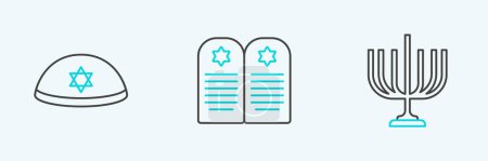 Téléchargez les illustrations : Set line Hanukkah menorah Jewish kippah and Tombstone with star of david icon. Vector. - en licence libre de droit