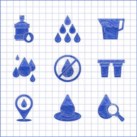 Illustration for Set Water drop forbidden, Drop and magnifying glass, filter, with location, Jug water and Big bottle clean icon. Vector - Royalty Free Image
