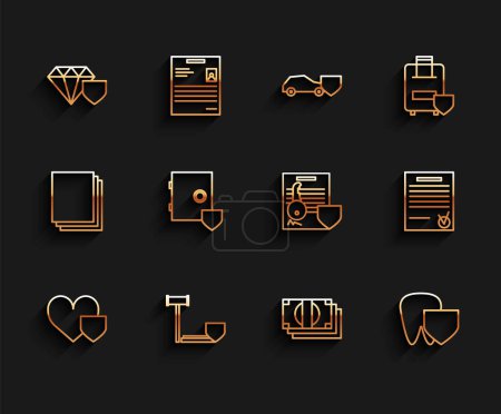 Illustration for Set line Heart with shield, Judge gavel, Diamond, Stacks paper money cash, Tooth, Safe, Confirmed document and check mark and Document key icon. Vector - Royalty Free Image