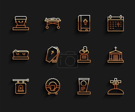 Illustration for Set line Signboard tombstone, Memorial wreath, Coffin, Grave with, cross, Old crypt and  icon. Vector - Royalty Free Image