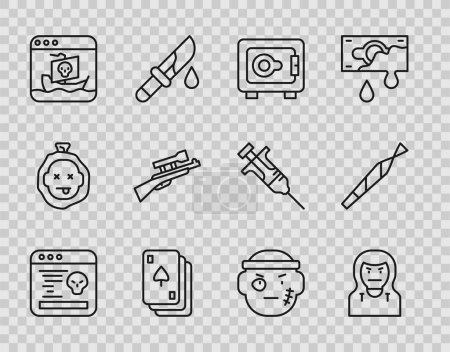 Téléchargez les illustrations : Set line System bug, Thief mask, Safe, Playing cards, Internet piracy, Sniper rifle with scope, Bandit and Marijuana joint icon. Vector - en licence libre de droit
