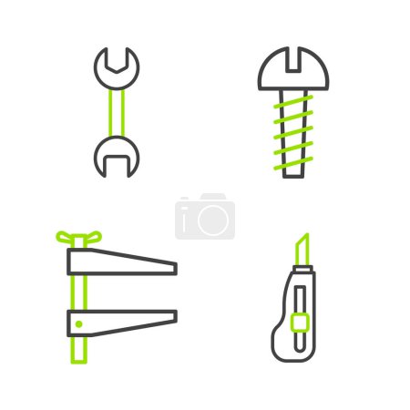 Illustration for Set line Stationery knife, Clamp tool, Metallic screw and Wrench spanner icon. Vector - Royalty Free Image