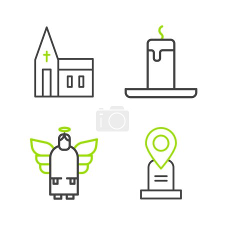 Illustration for Set line Location grave, Christmas angel, Burning candle and Church building icon. Vector - Royalty Free Image