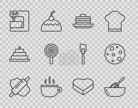 Téléchargez les illustrations : Set line Rolling pin on dough, Kitchen whisk and bowl, Stack of pancakes, Coffee cup, Electric mixer, Lollipop, Candy heart shaped box and Cookie or biscuit icon. Vector - en licence libre de droit