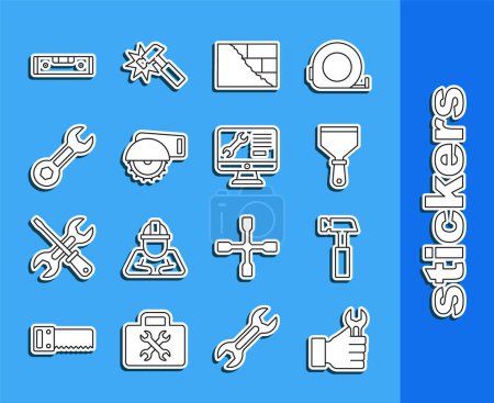 Illustration for Set line Wrench spanner, Hammer, Putty knife, Bricks, Electric circular saw, Construction bubble level and Computer monitor service icon. Vector - Royalty Free Image