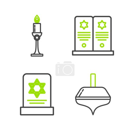 Illustration for Set line Hanukkah dreidel Tombstone with star of david and Burning candle in candlestick icon. Vector. - Royalty Free Image