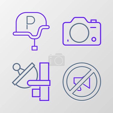 Illustration for Set line Censored stamp Radar Photo camera and War journalist icon. Vector. - Royalty Free Image