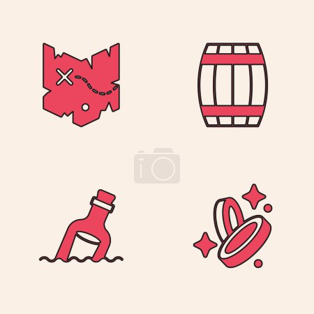 Set Pirate coin, treasure map, Wooden barrel and Bottle with message water icon. Vector.