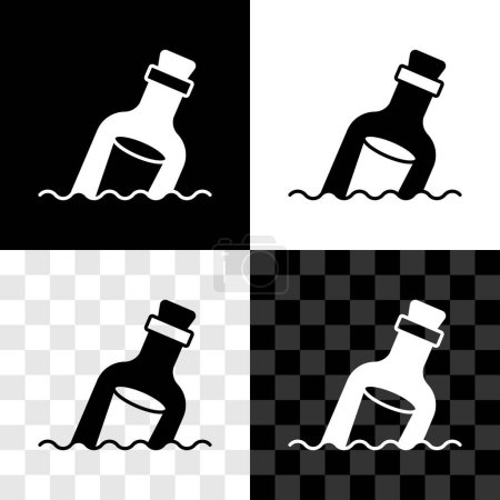 Ilustración de Set Glass bottle with a message in water icon isolated on black and white, transparent background. Letter in the bottle. Pirates symbol.  Vector - Imagen libre de derechos