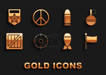 Illustration for Set Target sport for shooting competition Hand grenade Flag Aviation bomb Military ammunition box Bullet Chevron and Peace icon. Vector. - Royalty Free Image