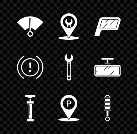 Téléchargez les illustrations : Set Speedometer Car service mirror  Location with parking Shock absorber Brake system warning and Wrench icon. Vector. - en licence libre de droit