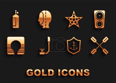Illustration for Set Snorkel, Gauge scale, Paddle, Anchor inside shield, Life jacket, Starfish, Aqualung and Diving hood icon. Vector - Royalty Free Image