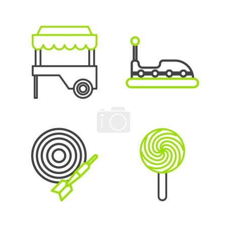 Ilustración de Set line Lollipop, Classic dart board and arrow, Bumper car and Fast street food cart with awning icon. Vector - Imagen libre de derechos