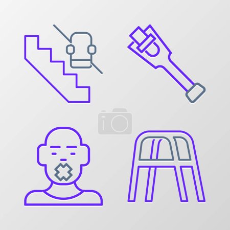 Illustration for Set line Walker, Head of deaf and dumb, Prosthesis leg and Disabled elevator icon. Vector - Royalty Free Image