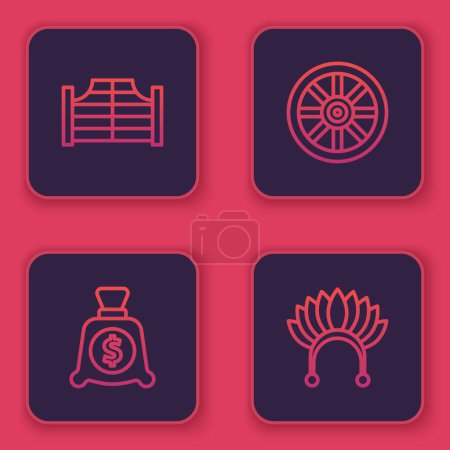 Illustration for Set line Saloon door, Money bag, Old wooden wheel and Indian headdress with feathers. Blue square button. Vector - Royalty Free Image