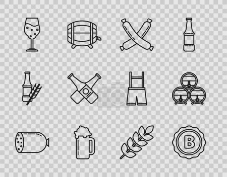 Illustration for Set line Salami sausage, Bottle cap with inscription beer, Crossed, Glass of, bottle, Cereals set rice, wheat, corn, oats, rye, barley and Wooden barrel rack stopcock icon. Vector - Royalty Free Image