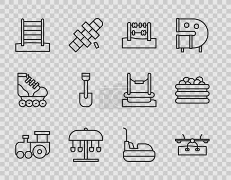 Illustration for Set line Toy train, Seesaw, Abacus, Attraction carousel, Swedish wall, Shovel toy, Bumper and Pool with balls icon. Vector - Royalty Free Image
