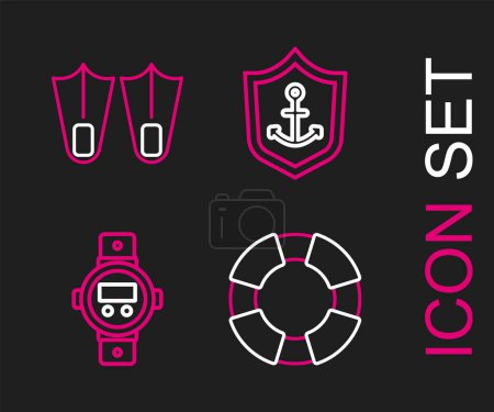 Illustration for Set line Lifebuoy, Diving watch, Anchor inside shield and Rubber flippers icon. Vector - Royalty Free Image