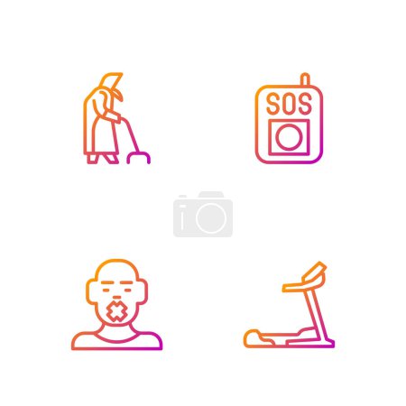 Illustration for Set line Treadmill machine, Head of deaf and dumb, Grandmother and Press SOS button. Gradient color icons. Vector - Royalty Free Image