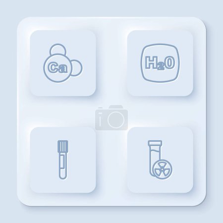 Illustration for Set line Mineral Ca Calcium, Chemical formula H2O, Test tube and with toxic liquid. White square button. Vector - Royalty Free Image