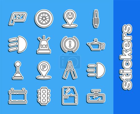 Illustration for Set line Car mirror, High beam, Canister for motor machine oil, service, Flasher siren,  and Brake system warning icon. Vector - Royalty Free Image
