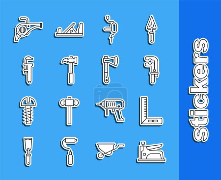 Illustration for Set line Construction stapler, Corner ruler, Clamp tool, Hand drill, Claw hammer, Calliper caliper scale, Leaf garden blower and Wooden axe icon. Vector - Royalty Free Image