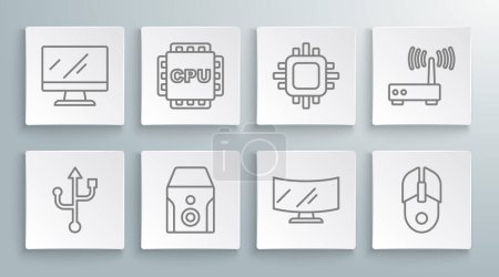 Illustration for Set line USB, Processor with CPU, Uninterruptible power supply, Computer monitor screen, mouse, Router and wi-fi signal and  icon. Vector - Royalty Free Image