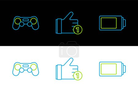 Ilustración de Set line Battery charge level indicator, Gamepad and Hand like icon. Vector - Imagen libre de derechos