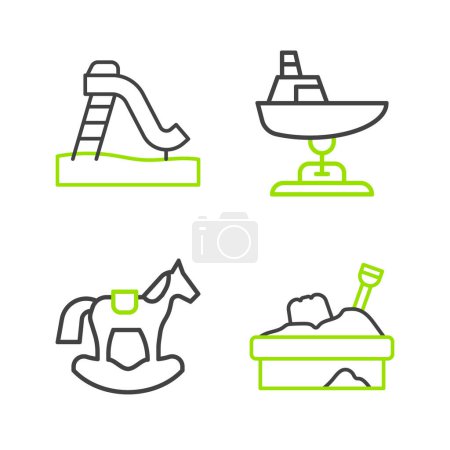 Téléchargez les illustrations : Set line Sandbox with sand, Horse in saddle swing, Swing boat and Kid slide icon. Vector - en licence libre de droit