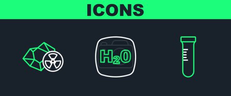 Illustration for Set line Test tube, Radioactive and Chemical formula H2O icon. Vector - Royalty Free Image