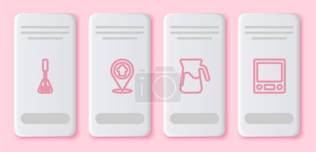 Illustration for Set line Spatula, Chef hat with location, Jug glass water and Electronic scales. White rectangle button. Vector. - Royalty Free Image
