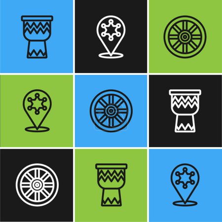 Téléchargez les illustrations : Set line Drum, Old wooden wheel and Hexagram sheriff icon. Vector - en licence libre de droit
