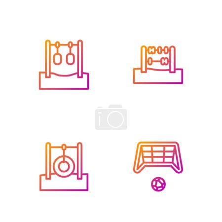 Illustration for Set line Soccer goal with ball, Car tire hanging on rope, Gymnastic rings and Abacus. Gradient color icons. Vector - Royalty Free Image