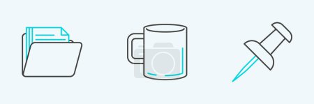 Illustration for Set line Push pin, Document folder and Coffee cup flat icon. Vector - Royalty Free Image