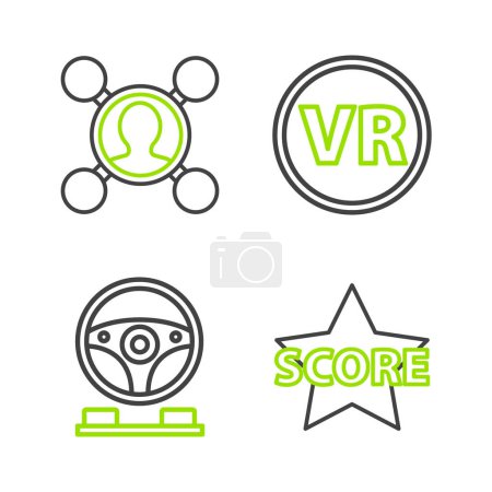 Ilustración de Set line Star Racing simulator cockpit Virtual reality glasses and Share icon. Vector. - Imagen libre de derechos
