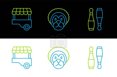 Téléchargez les illustrations : Set line Bowling pin, Fast street food cart and Wild lion icon. Vector - en licence libre de droit