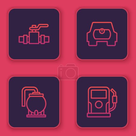 Illustration for Set line Metallic pipes and valve, Oil tank storage, Gas for vehicle and Petrol gas station. Blue square button. Vector - Royalty Free Image