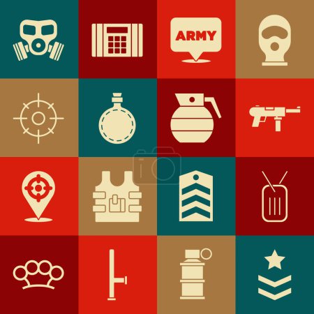 Set Military rank, dog tag, Submachine gun M3, army, Canteen water bottle, Target sport, Gas mask and Hand grenade icon. Vector