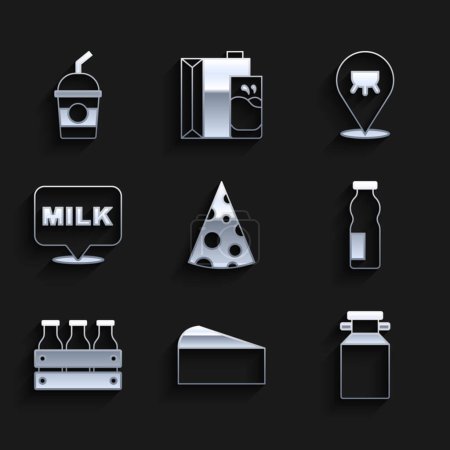 Téléchargez les illustrations : Set Fromage, récipient en boîte pour le lait, bouteille de yaourt à boire, boîte en bois embouteillée, lettrage, pis et icône de milkshake. Vecteur - en licence libre de droit