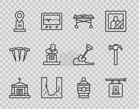 Téléchargez les illustrations : Set line Old crypt, Signboard tombstone, Dead body in the morgue, Cemetery digged grave hole, Location, Grave with, Funeral urn and Hammer icon. Vector - en licence libre de droit