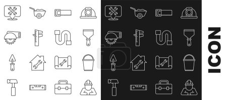 Illustration for Set line Builder, Bucket, Putty knife, Hand saw, Calliper or caliper scale, Electric circular, Location with wrench and Industry pipe icon. Vector - Royalty Free Image
