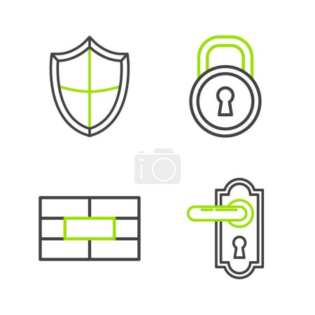 Illustration for Set line Door handle, Bricks, Lock and Shield icon. Vector - Royalty Free Image