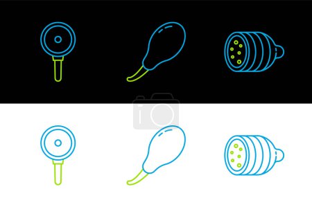 Illustration for Set line Salami sausage, Frying pan and Chicken leg icon. Vector - Royalty Free Image