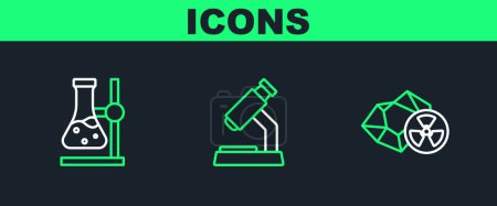 Illustration for Set line Radioactive, Test tube flask on stand and Microscope icon. Vector - Royalty Free Image