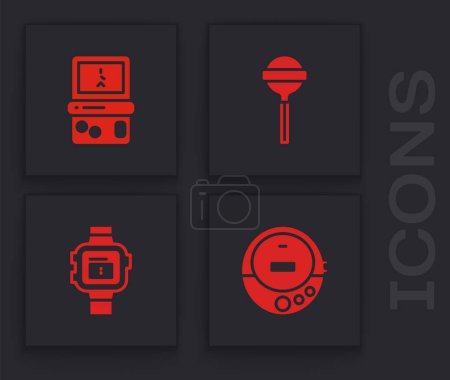 Ilustración de Set Music CD player, Tetris, Lollipop and Wrist watch icon. Vector - Imagen libre de derechos