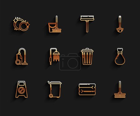 Illustration for Set line Wet floor and cleaning in progress, Trash can, Washing dishes, Towel stack, Mop, Shower head with water drops flowing, Garbage bag and  icon. Vector - Royalty Free Image