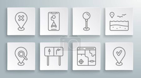 Illustration for Set line Search location, City map navigation, Road traffic sign, Infographic of city, Location with check mark, Push pin, beach and cross icon. Vector - Royalty Free Image