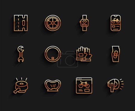 Illustration for Set line Bicycle bell, punctured tire, lane, rental mobile app, head lamp, wheel, Plaster on leg and Gloves icon. Vector - Royalty Free Image