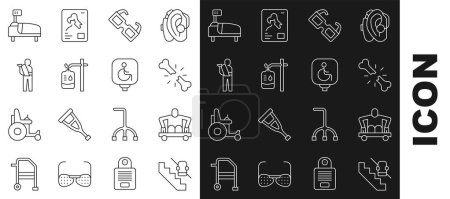 Illustration for Set line Disabled elevator, Man without legs sitting wheelchair, Human broken bone, Eyeglasses, IV bag, arm, Hospital bed and  icon. Vector - Royalty Free Image